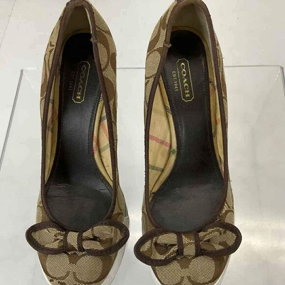 Coach "Sweetie" Khaki Brown Signature Jacquard Wedge Pump Heel Sneakers 6.5B - Picture 1 of 5